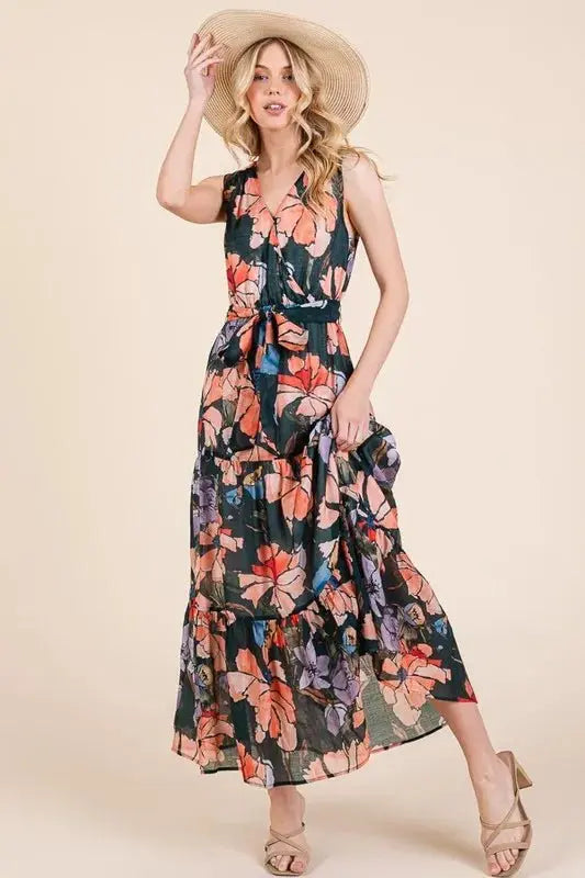 Lime 'N' Chili Floral Print Sleeveless Tie Waist Maxi Dress - Love Salve